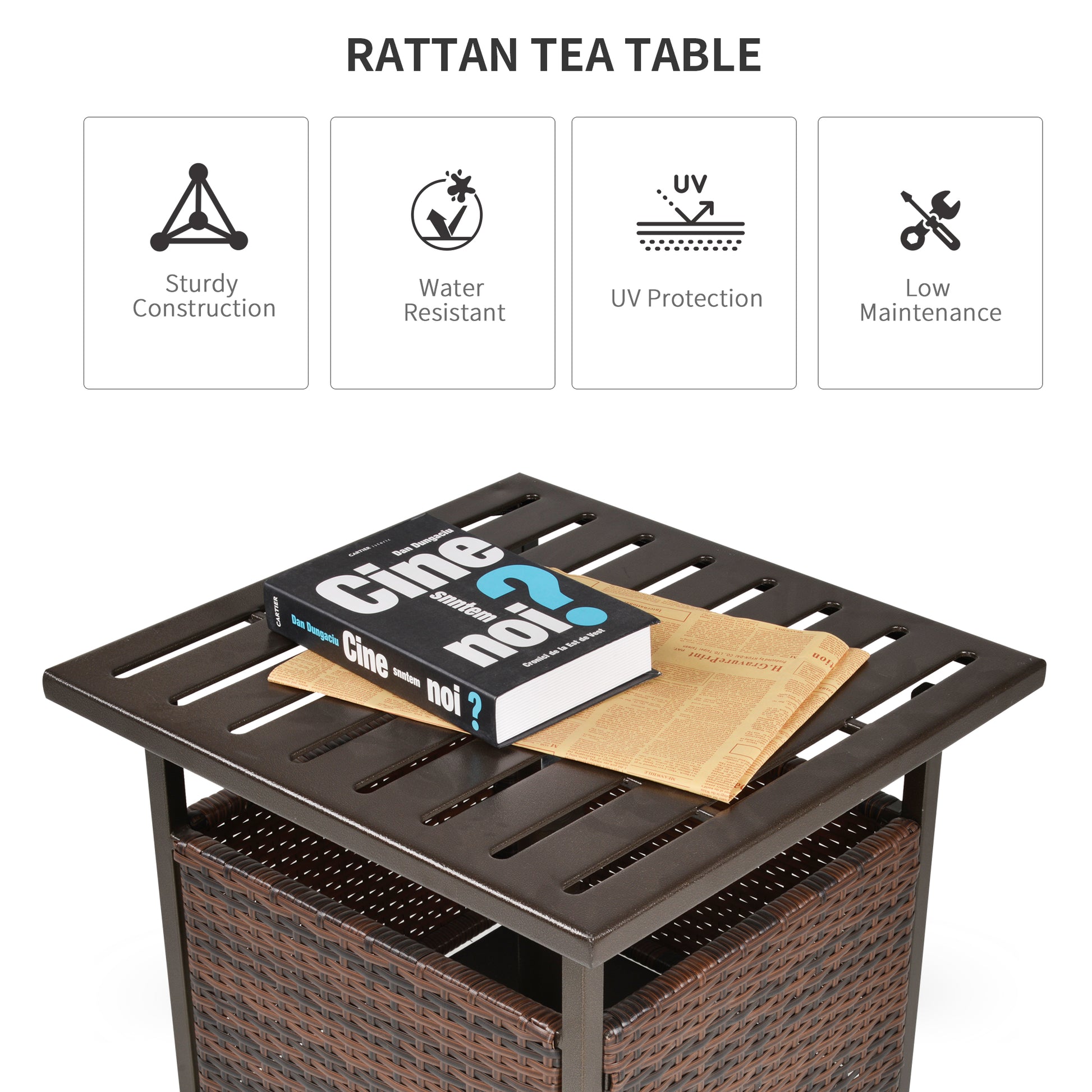 21.75" Outdoor Rattan Wicker Patio Coffee Table with Umbrella Hole, Patio Side Table with Slatted Metal Top, Brown
