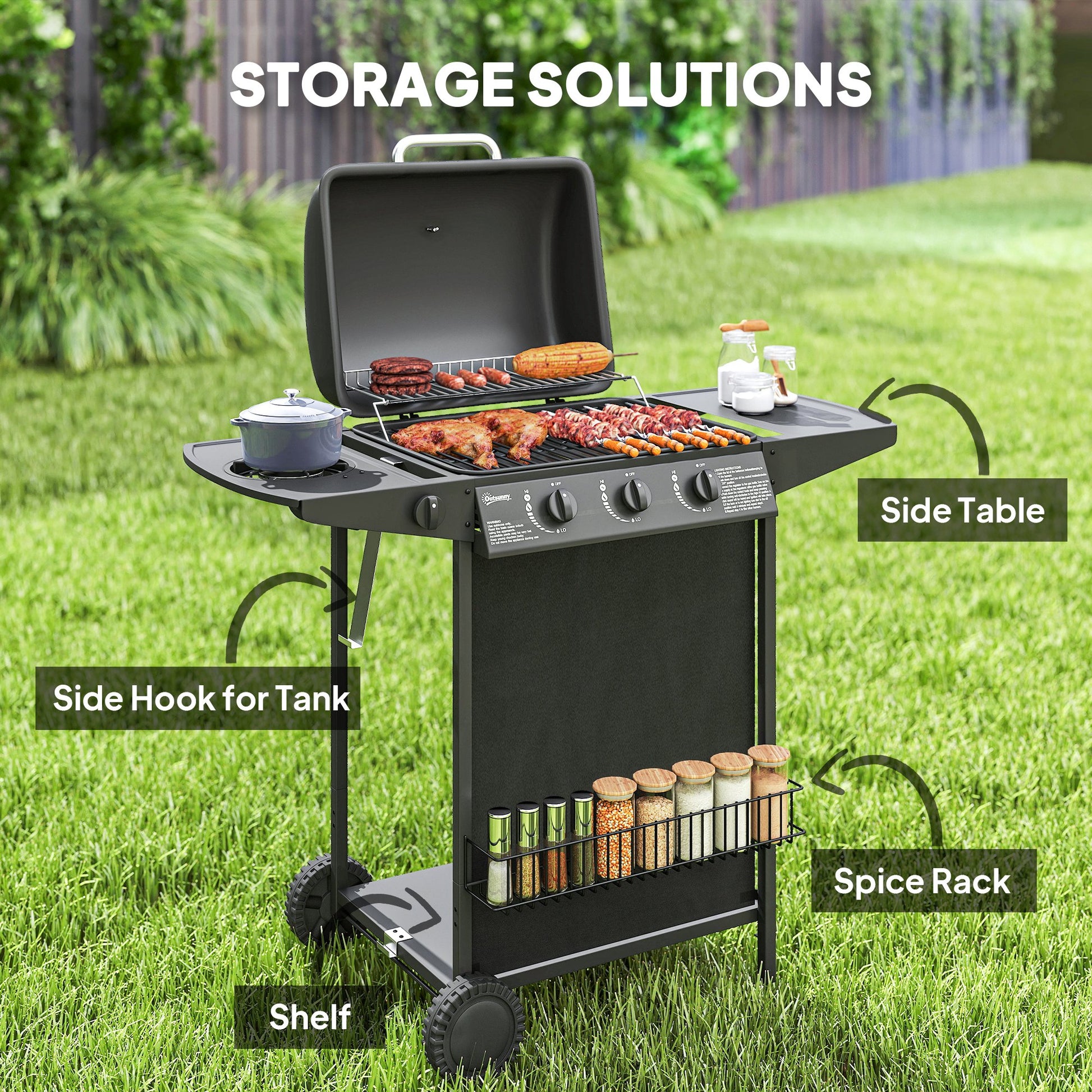 3+1 Burner Propane Gas BBQ Grill, Portable Gas Barbecue Grill with Side Burner, Thermometer, Lid, Side Table, Shelf, Spi