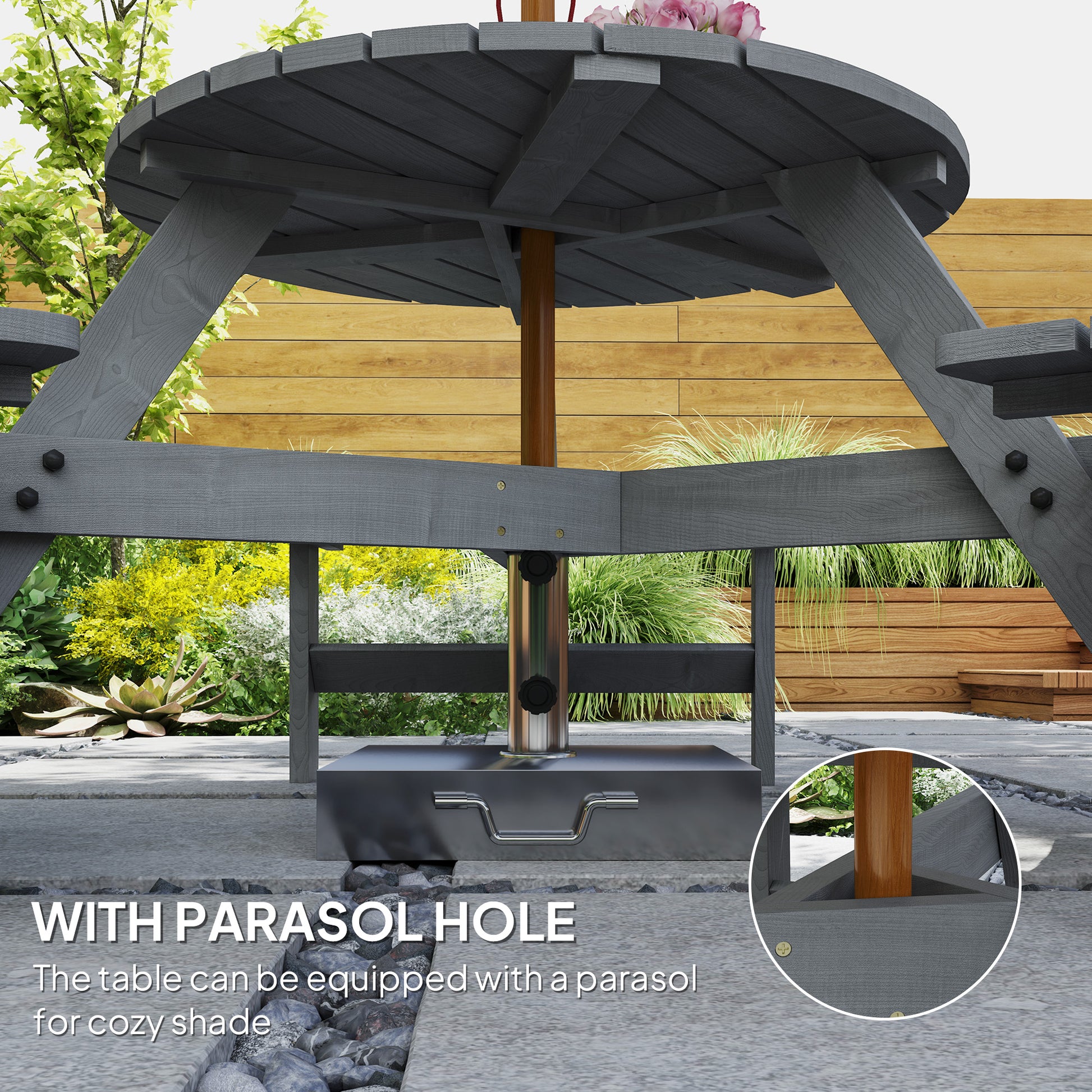 6 Person Round Picnic Table Bench Set with Umbrella Hole, Wood Patio Table with 3 Built-in Benches for Garden, Deck, Bac
