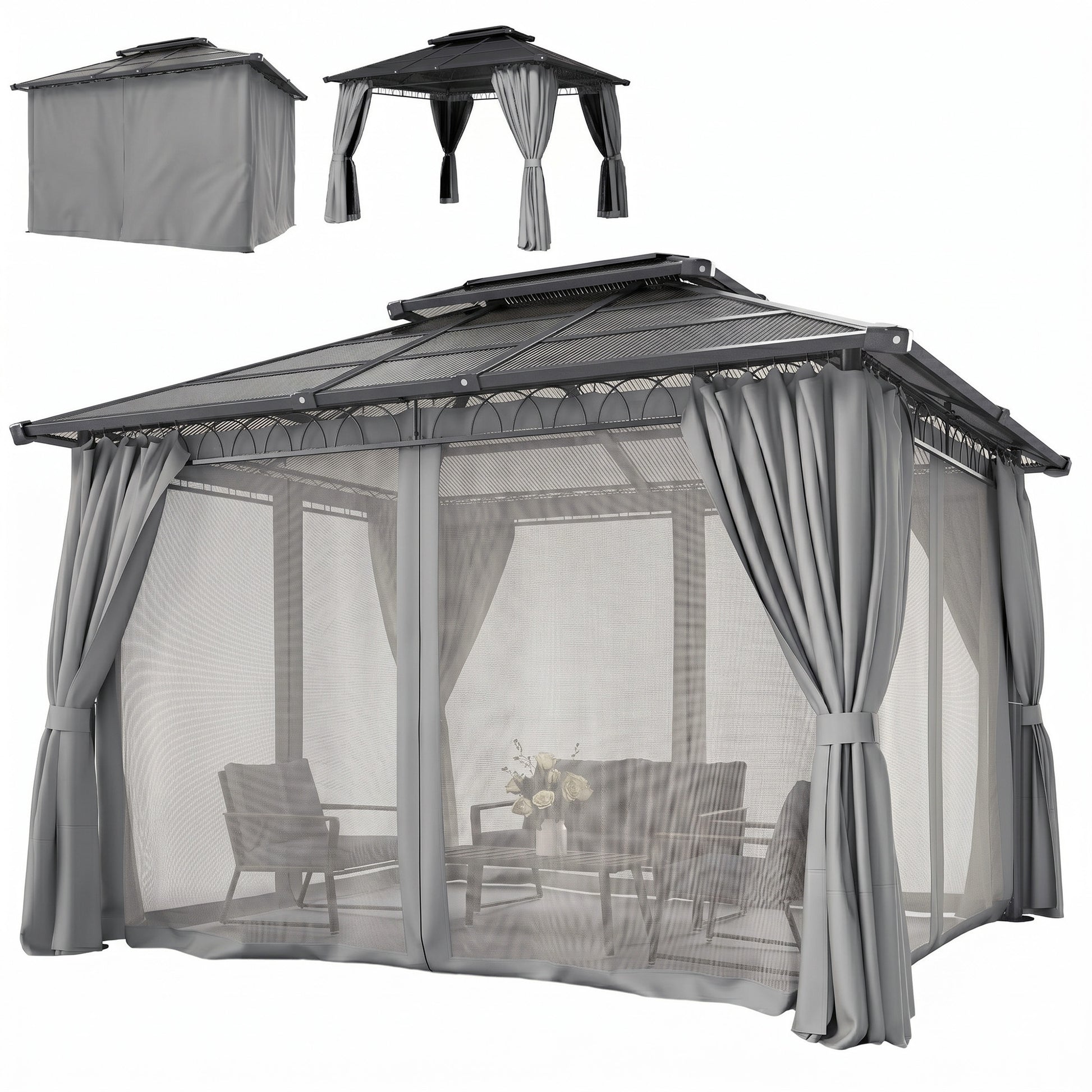 10' x 12' Outdoor Hardtop Gazebo Canopy w/ Double PC Roof, Steel Frame, Nettings, Curtains for Garden Lawn Deck, Grey