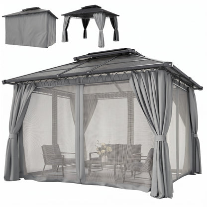 10' x 12' Outdoor Hardtop Gazebo Canopy w/ Double PC Roof, Steel Frame, Nettings, Curtains for Garden Lawn Deck, Grey