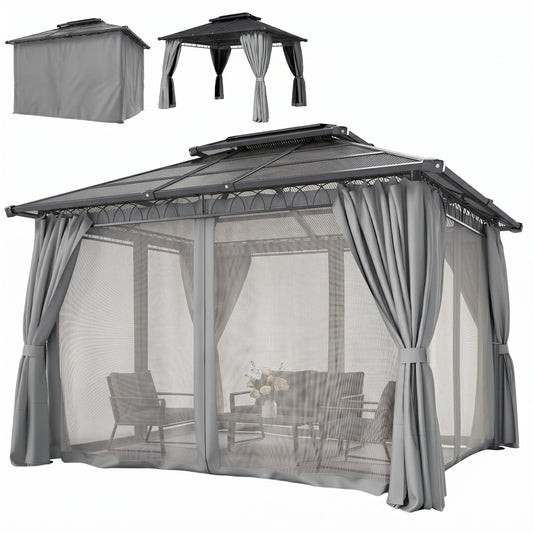 10' x 12' Outdoor Hardtop Gazebo Canopy w/ Double PC Roof, Steel Frame, Nettings, Curtains for Garden Lawn Deck, Grey