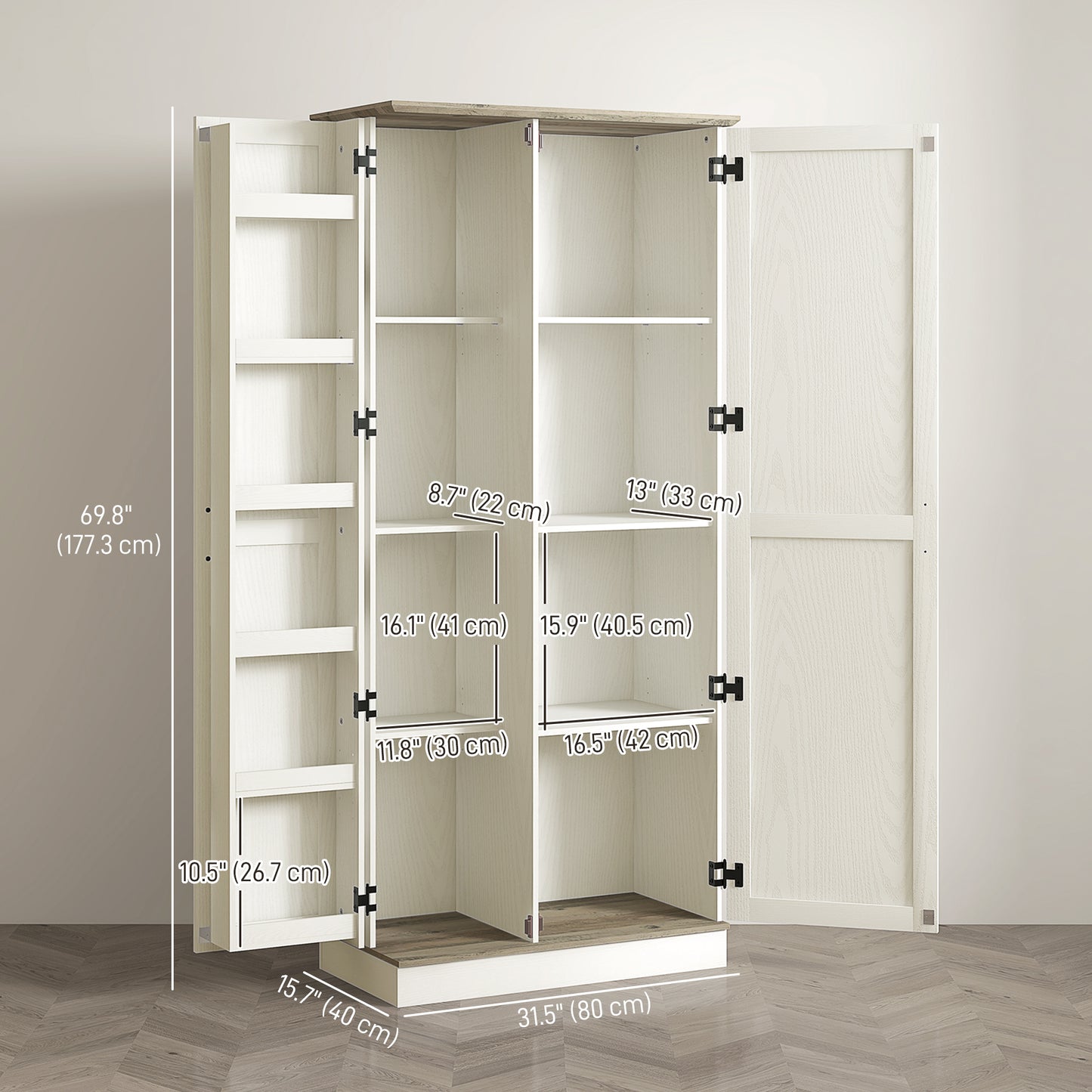 70" Tall Kitchen Pantry Cabinet with Door Shelves and Adjustable Shelves, Cream White