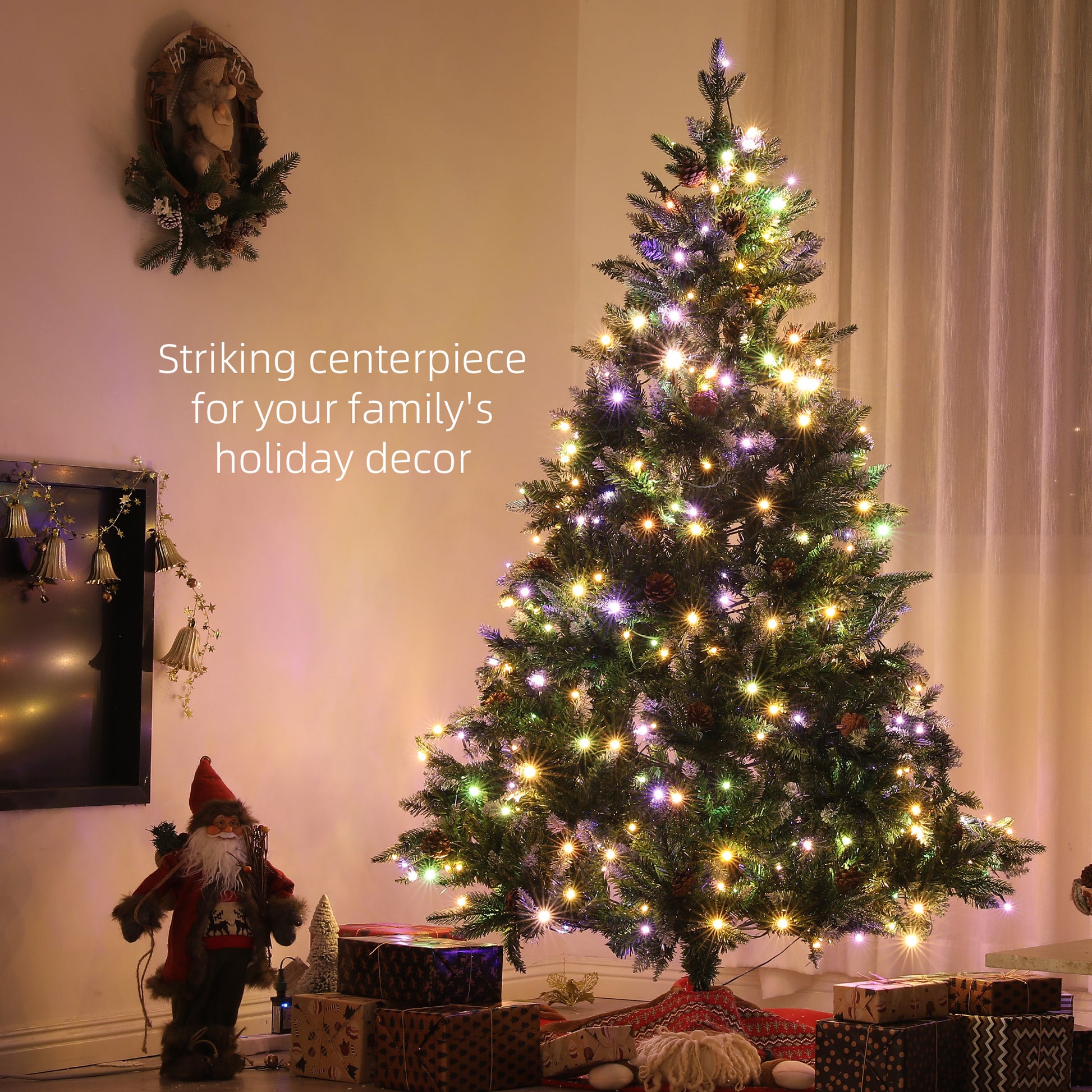 7 Foot Prelit Artificial Christmas Tree with Dual Colour LED Light, Hinged Xmas Tree for Home Office Holiday