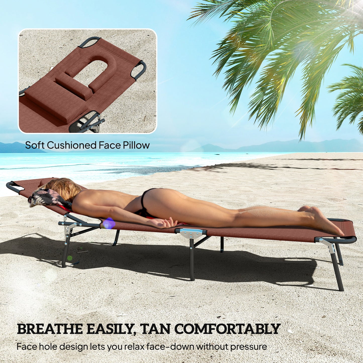 Folding Chaise Lounge Chair, Reclining Beach Tanning Chair with Face Hole, Pillow, 4-Position Adjustable Lay Flat Sun Lo