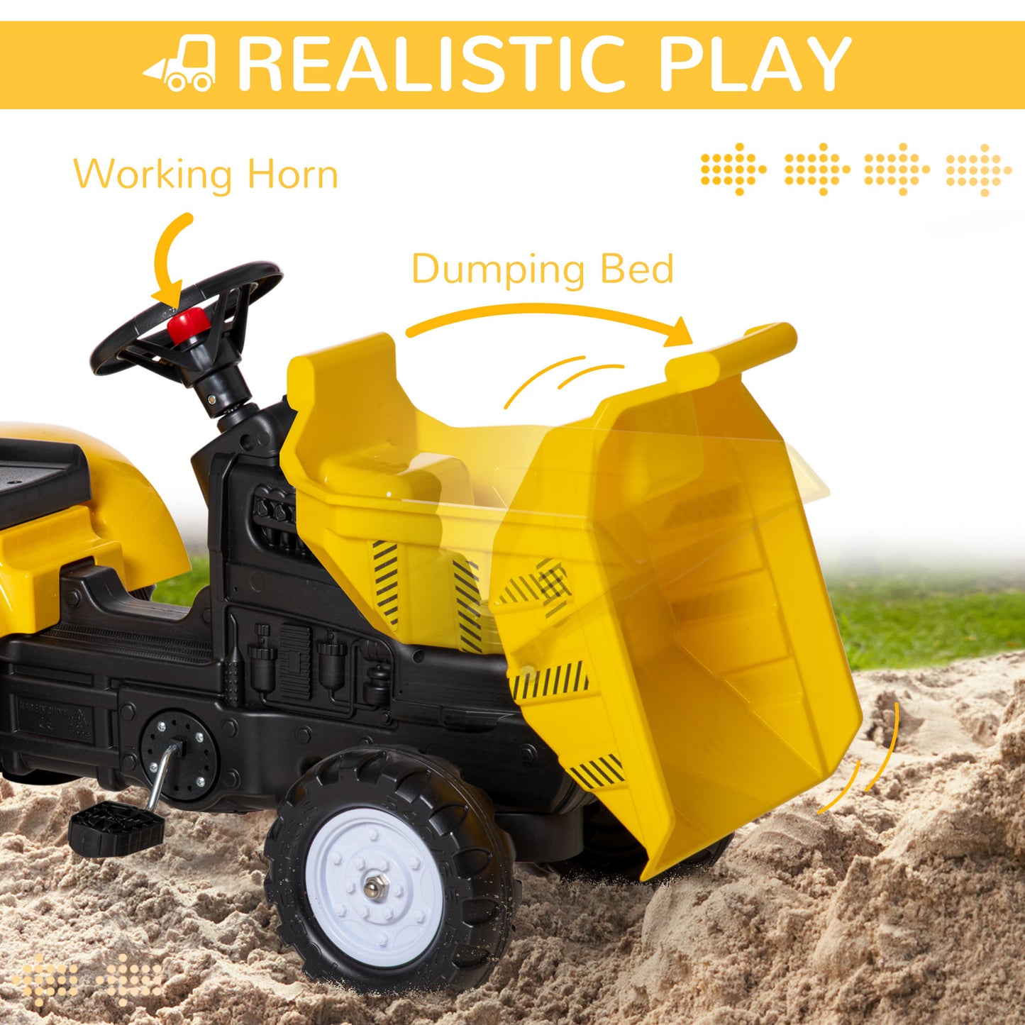 VarietyKart Ride on Toy Dump Truck for Kids, Pedal Construction Car with Detachable Trailer for 3 Years Old, Yellow