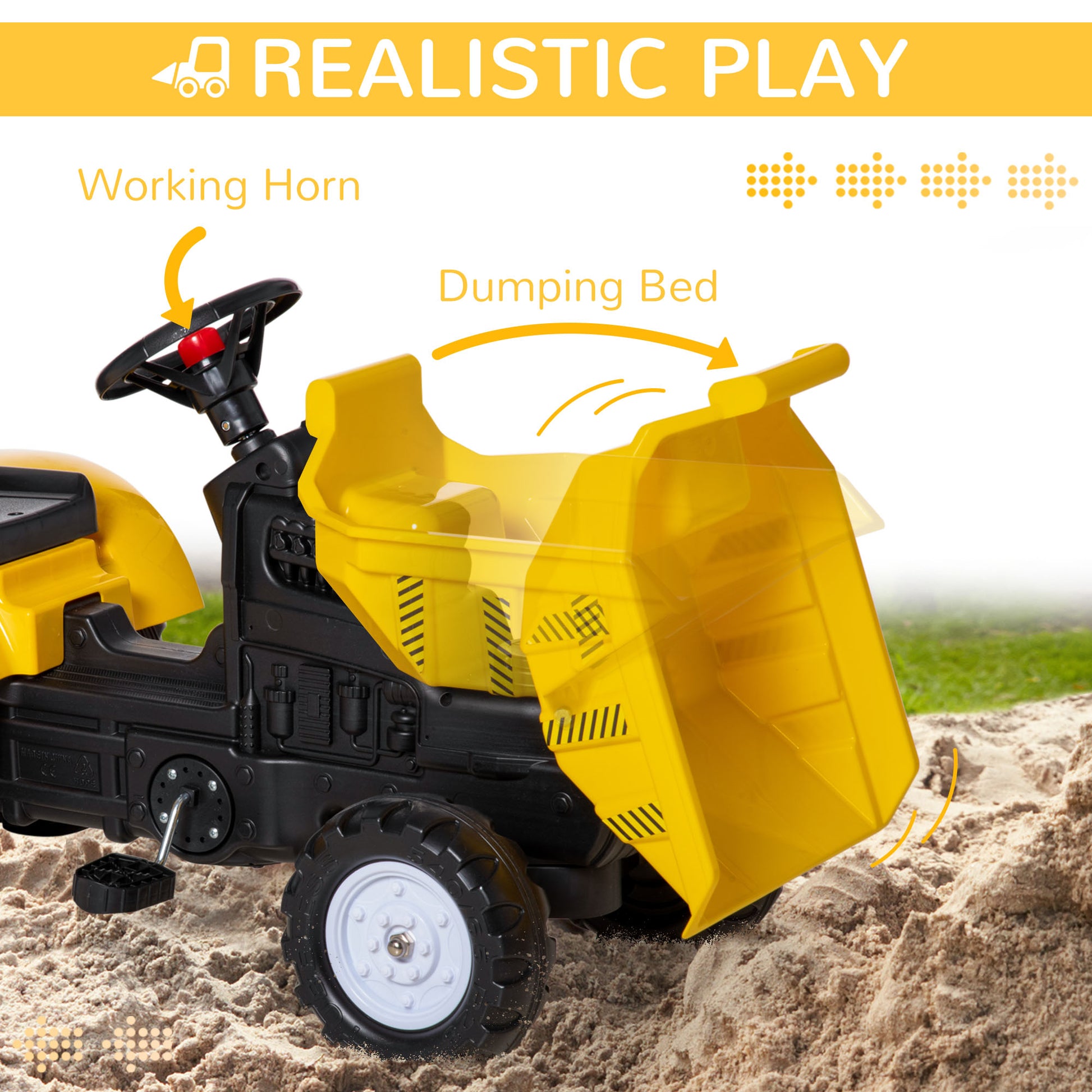 VarietyKart Ride on Toy Dump Truck for Kids, Pedal Construction Car with Detachable Trailer for 3 Years Old, Yellow