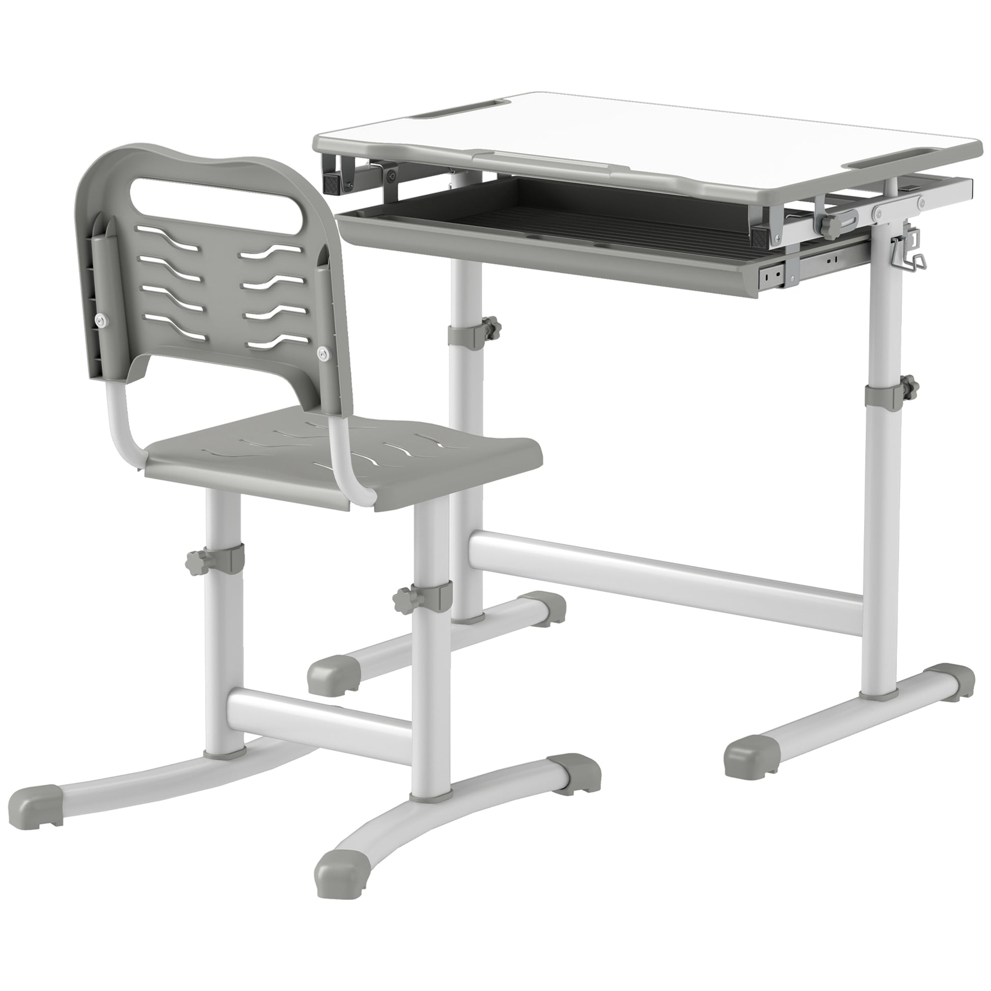 Qaba Height Adjustable Study Table and Chair Set with Drawer, Pen Slot, Tiltable Desktop, Hook, Grey