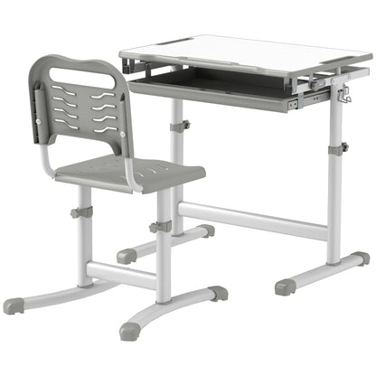Qaba Height Adjustable Study Table and Chair Set with Drawer, Pen Slot, Tiltable Desktop, Hook, Grey