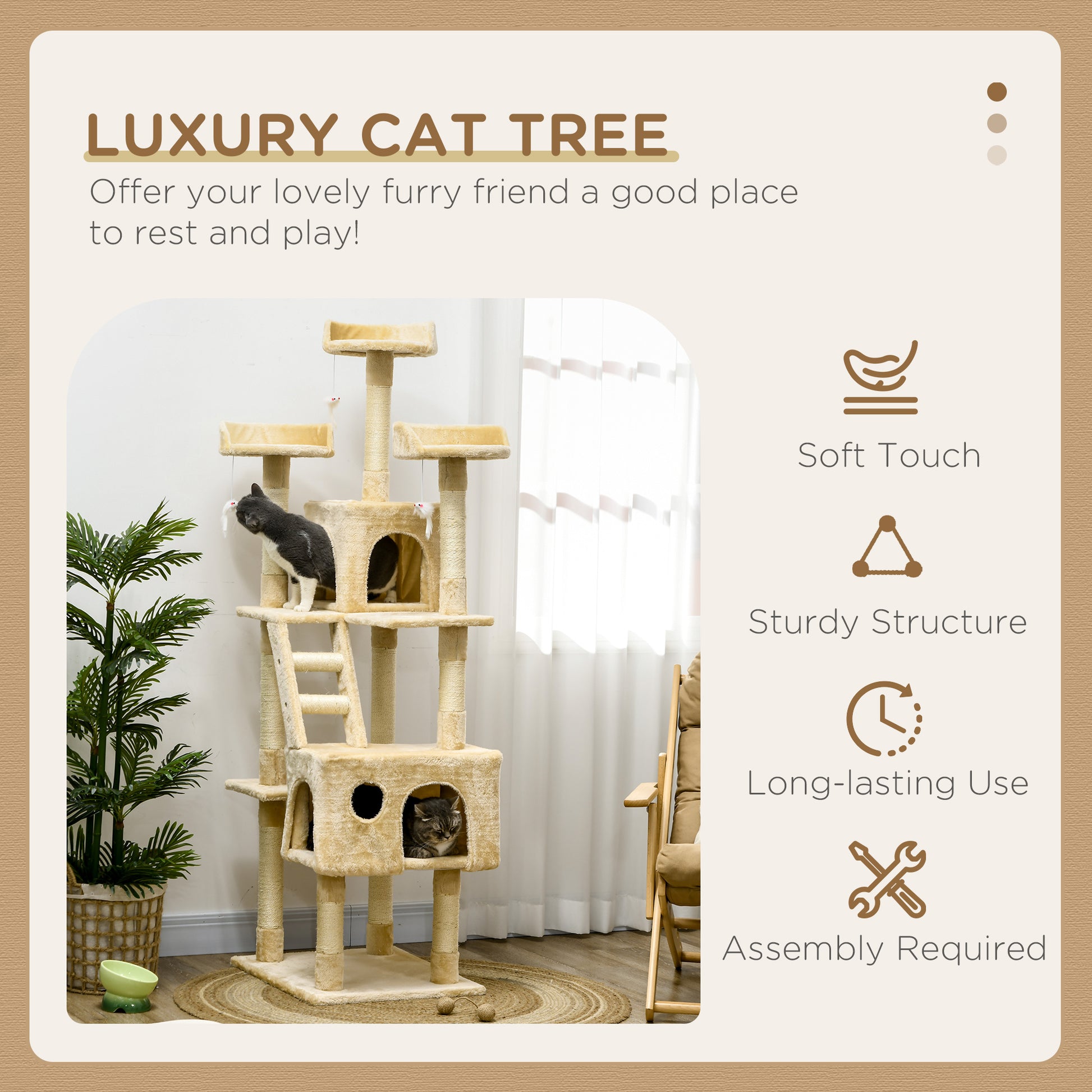 71-Inch Multi Level Scratching Cat Tree Kitty Condo  Activity Center with Toys, Beige