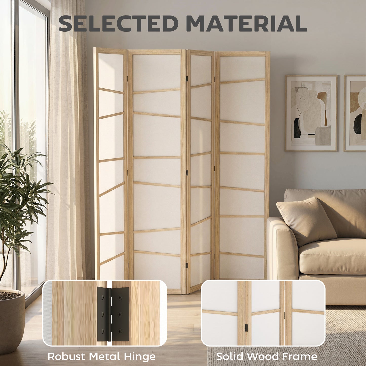 66.9" Folding Room Divider, 4 Panel Wall Partition with Wood Frame for Bedroom, Home Office, Natural Wood