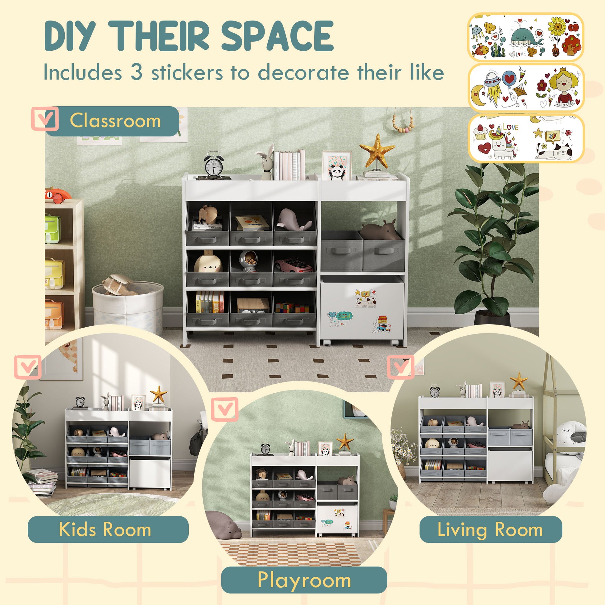 Qaba Toy Storage Organizer with 11 Non-Woven Fabric Boxes, Storage Cabinet & Shelves, for Kids Room, Nursery, Playroom W