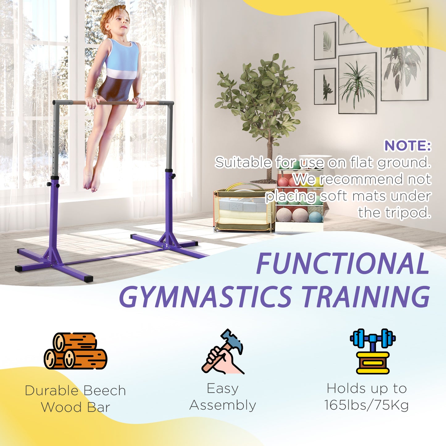 Soozier Professional Gymnastics Bar for Kids, Toddler Home Gymnastics Equipment with 13-level Adjustable Height, Purple