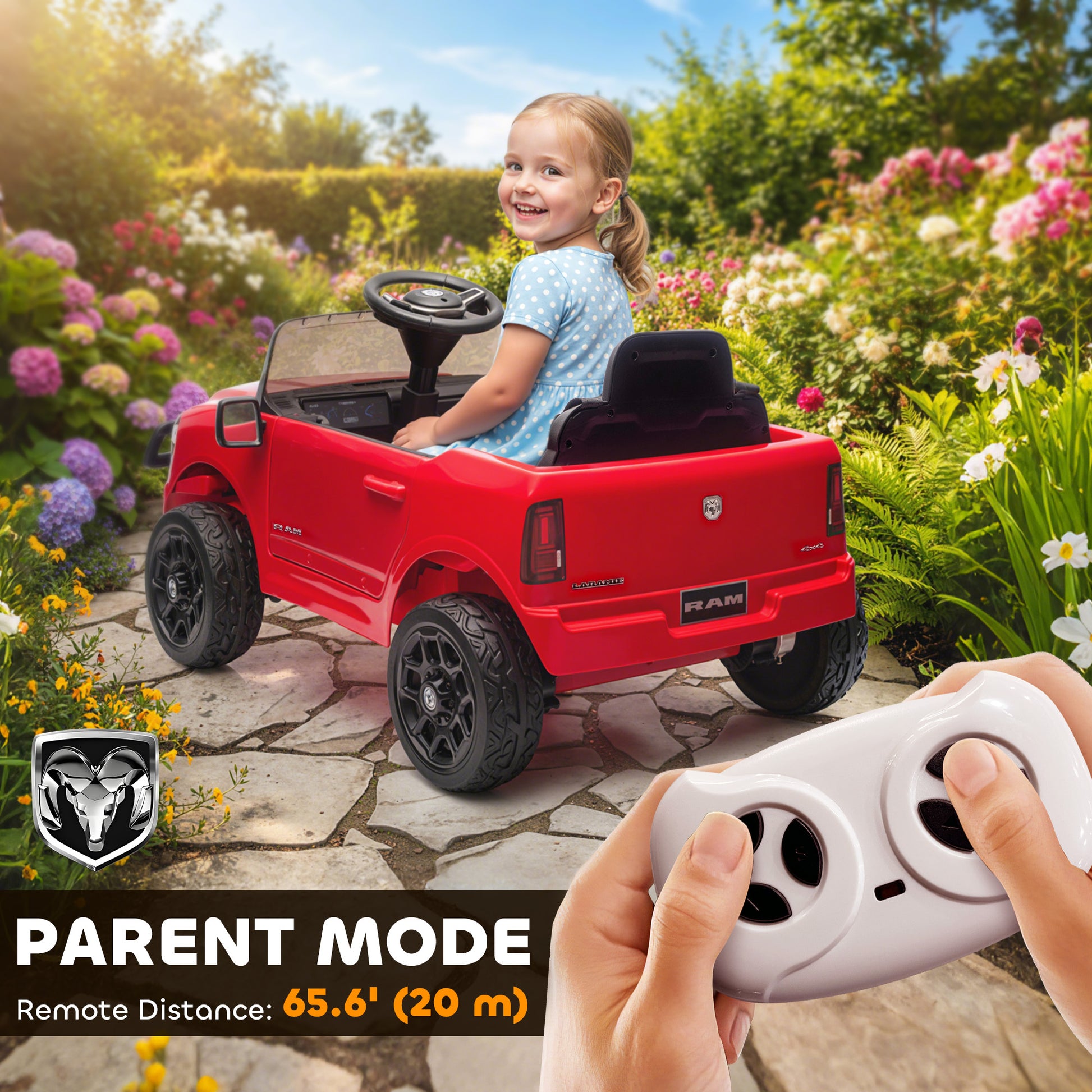 Qaba 12V Ride on Car, Licensed Dodge RAM 3500 Electric Vehicle with Remote Control, Suspension for 3-5 Years, Red