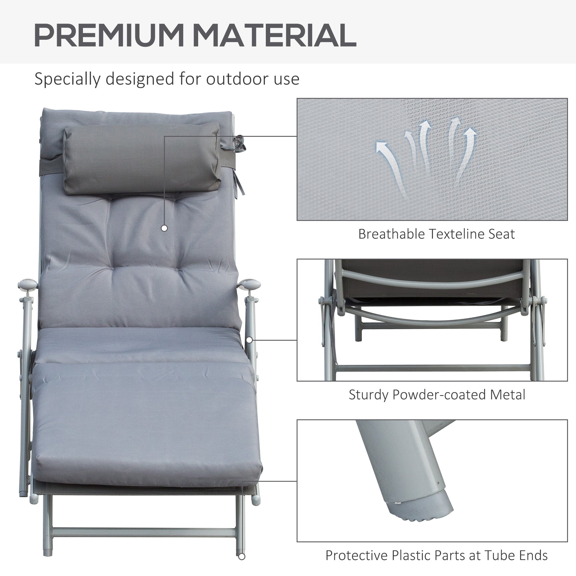 Lounge Chair Outdoor, Folding Patio Chaise Lounger, 360 lbs 7-Position Adjustable Back Outdoor Recliner with Cushion, He