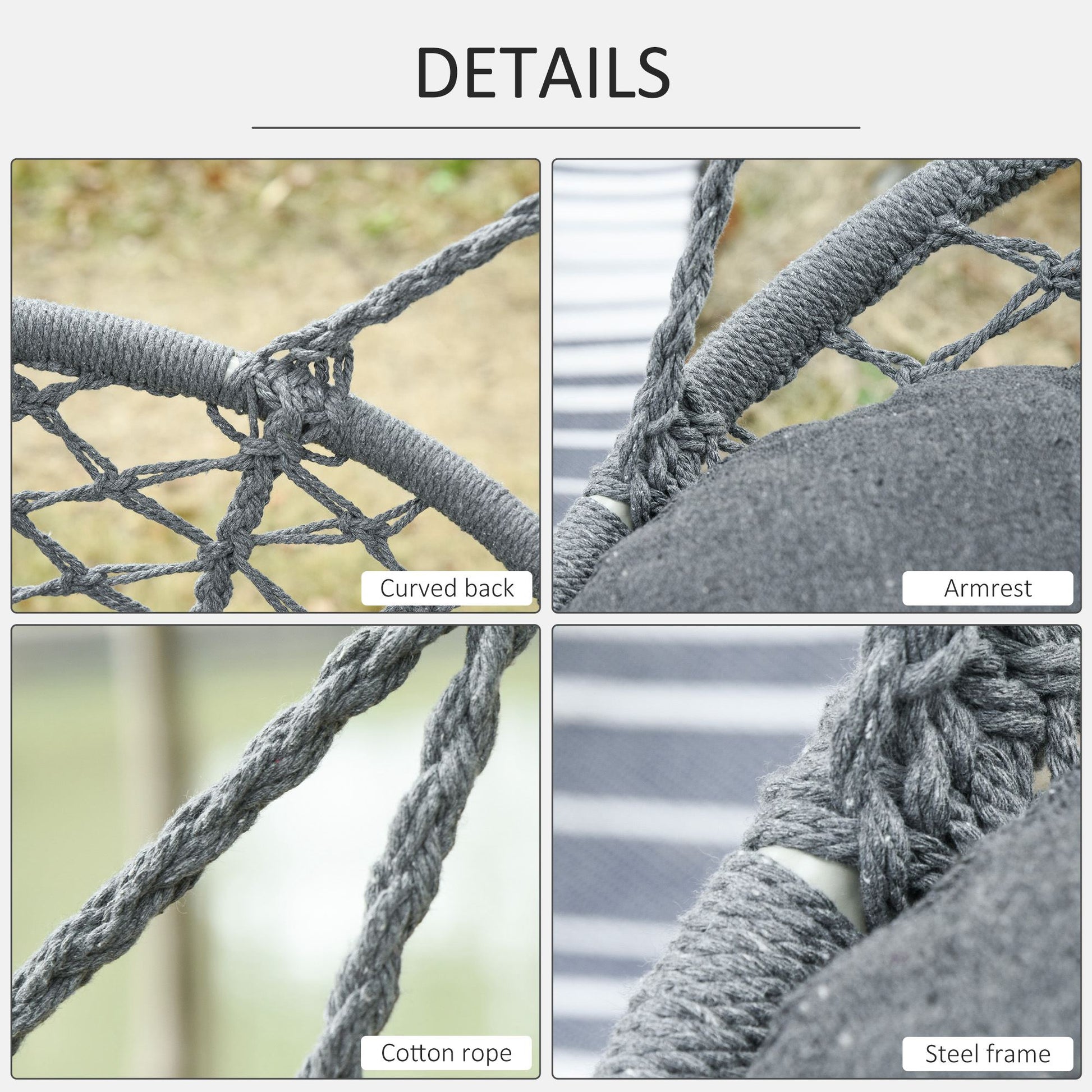 Patio Hammock Chair 2 Seat, Hanging Rope Hammock Swing Chair with Metal Frame and Cushion, Large Macrame Seat for Indoor