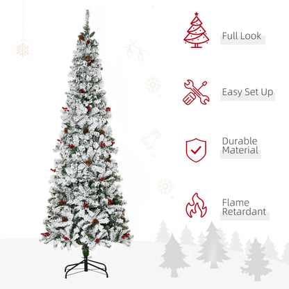 7.5 Foot Pencil Snow Flocked Artificial Christmas Tree with 950 Pine Realistic Branches, Pine Cones, Red Berries, Auto O
