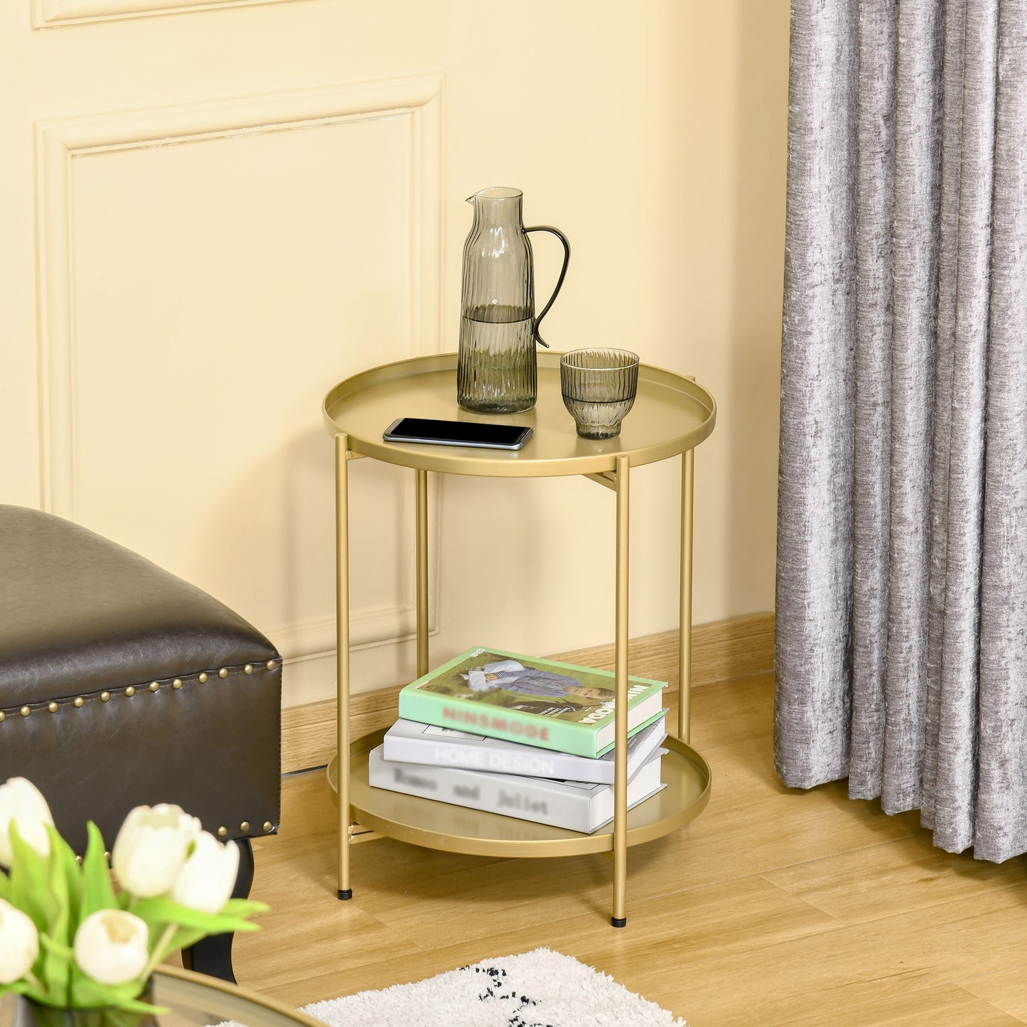 2-Tier Gold Side Table, Round Nightstand with Removable Trays Folding Metal Frame Adjustable Foot End Table for Living R