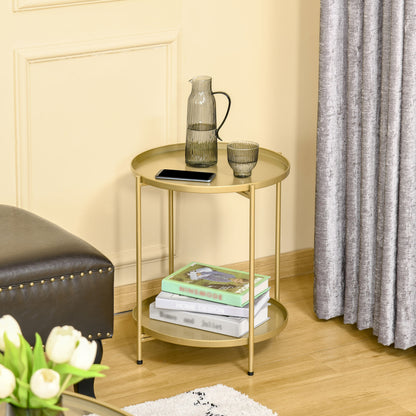 2-Tier Gold Side Table, Round Nightstand with Removable Trays Folding Metal Frame Adjustable Foot End Table for Living R