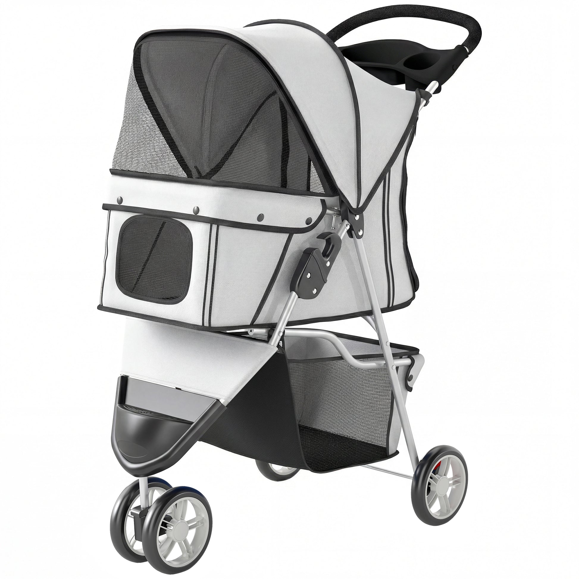 3 Wheels Foldable Dog Stroller with Storage Basket, Adjustable Canopy, Cupholder for Miniature and Small Dogs, Grey