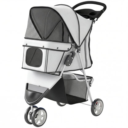3 Wheels Foldable Dog Stroller with Storage Basket, Adjustable Canopy, Cupholder for Miniature and Small Dogs, Grey