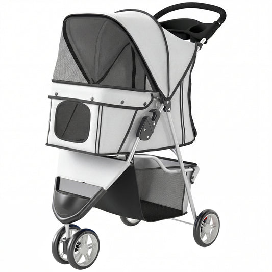 3 Wheels Foldable Dog Stroller with Storage Basket, Adjustable Canopy, Cupholder for Miniature and Small Dogs, Grey