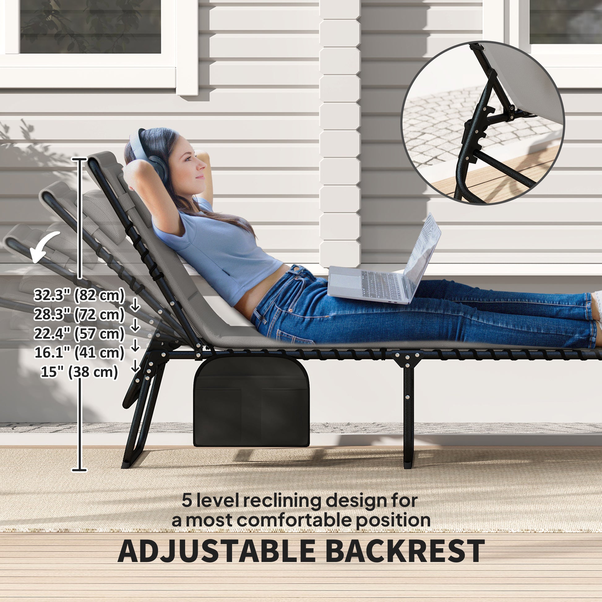 Folding Chaise Lounge Chair Set of 2, Reclining Outdoor Lounge Chair Set with Quick Drying Pad Headrest Side Pocket, Tan