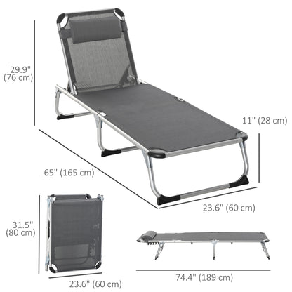 Folding Lounge Chair, Aluminum Frame Tanning Chair, Patio Lounger with Headrest, 5-Level Adjustable Backrest, Grey