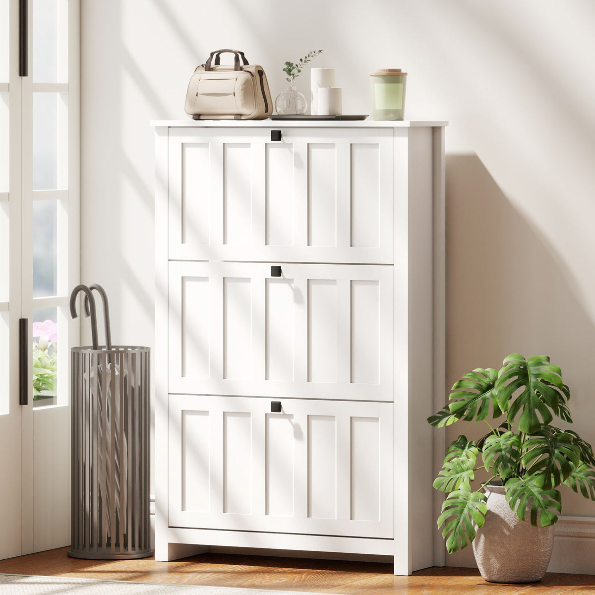 Slim Shoe Cabinet with 3 Flip Drawers, Shoe Storage Cabinet with Adjustable Shelves for Entryway, Holds 18 Pairs, White
