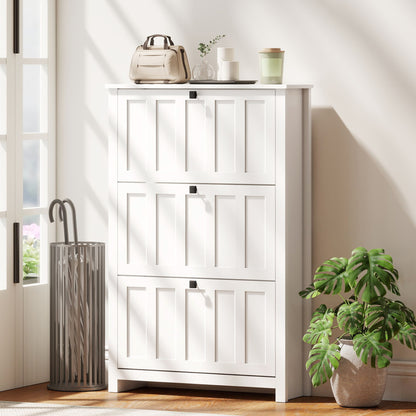 Slim Shoe Cabinet with 3 Flip Drawers, Shoe Storage Cabinet with Adjustable Shelves for Entryway, Holds 18 Pairs, White