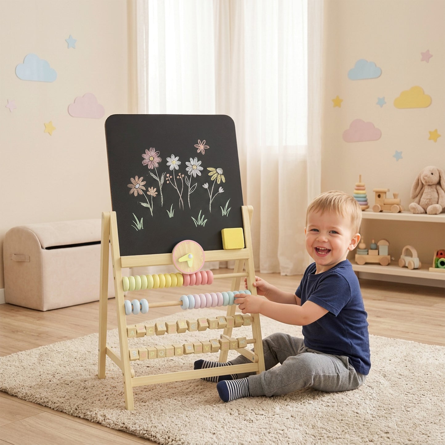 Qaba Wooden Kids Art Easel with Double-Sided Chalkboard, Clock, Abacus, Blackboard Eraser for Painting, for Ages 2+, Nat