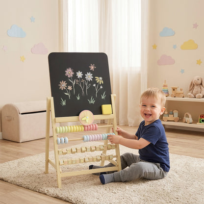 Qaba Wooden Kids Art Easel with Double-Sided Chalkboard, Clock, Abacus, Blackboard Eraser for Painting, for Ages 2+, Nat