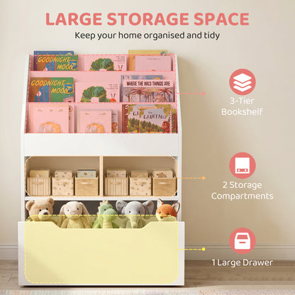 Kids Bookshelf Bookcase, Montessori-Inspired 4 Tier Large Capacity Rack Organizer with Moveable Drawer for Books for Rea