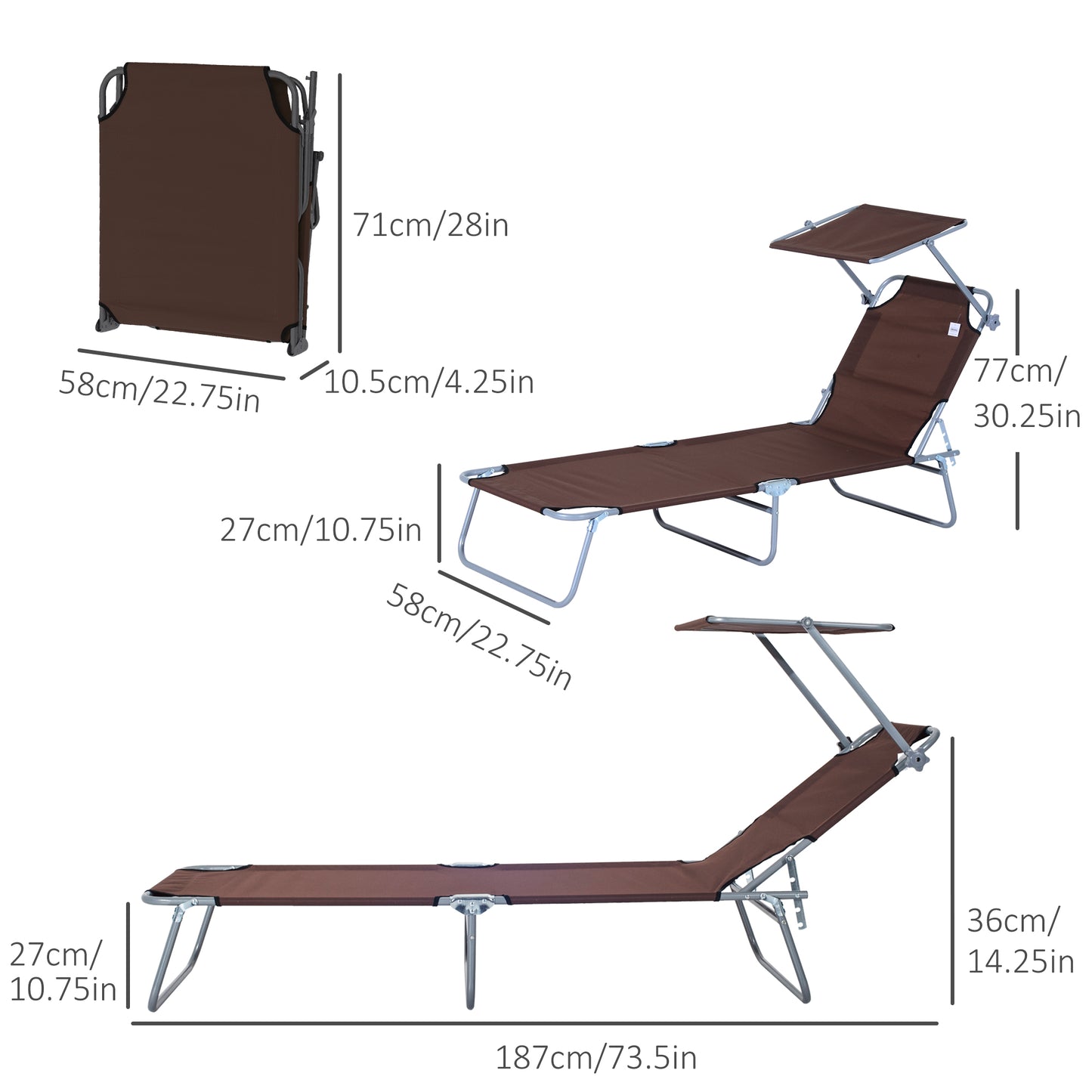 Outdoor Lounge Chair, Adjustable Folding Chaise Lounge,  Tanning Chair with Sun Shade for Beach, Camping, Hiking, Backya