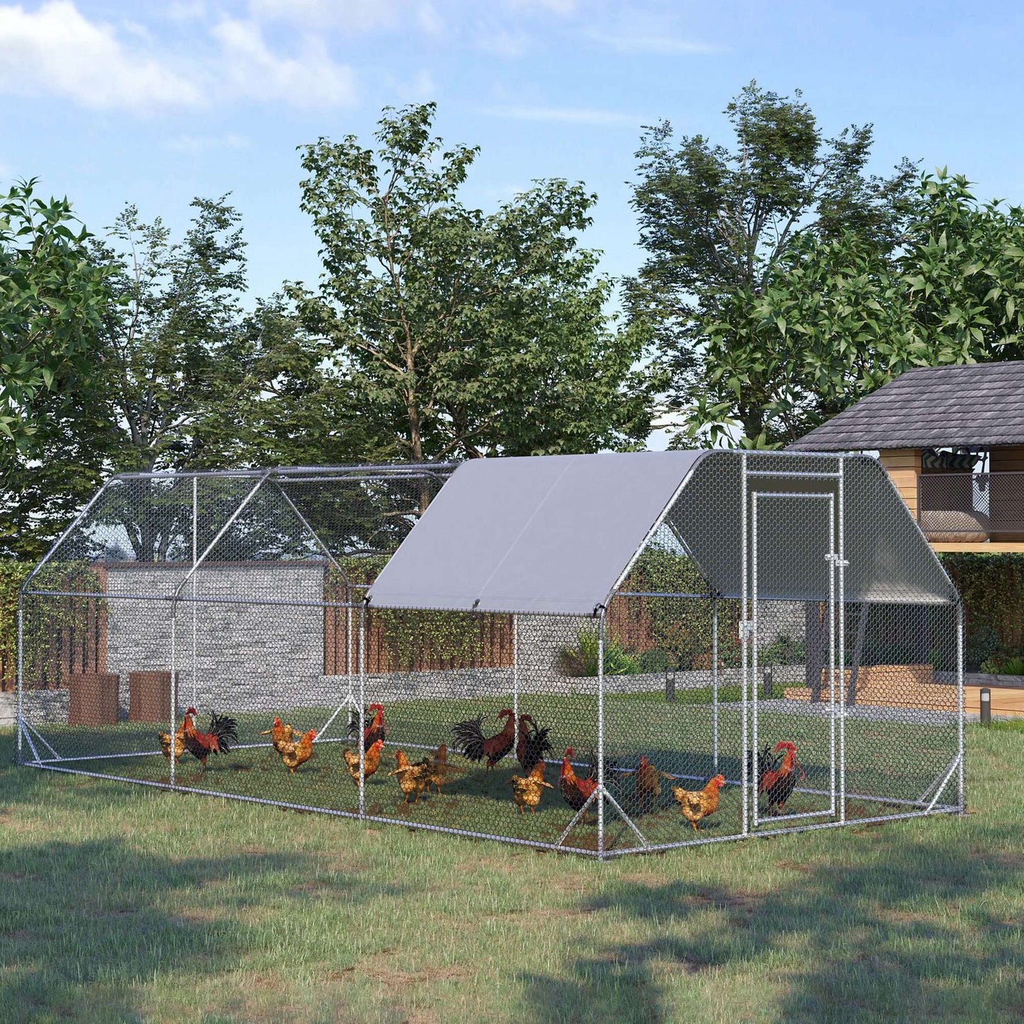 Chicken Run Outdoor, Galvanized Large Metal Chicken Coop Cage, Walk-in Enclosure Poultry Hen Run House Playpen Rabbit Hu