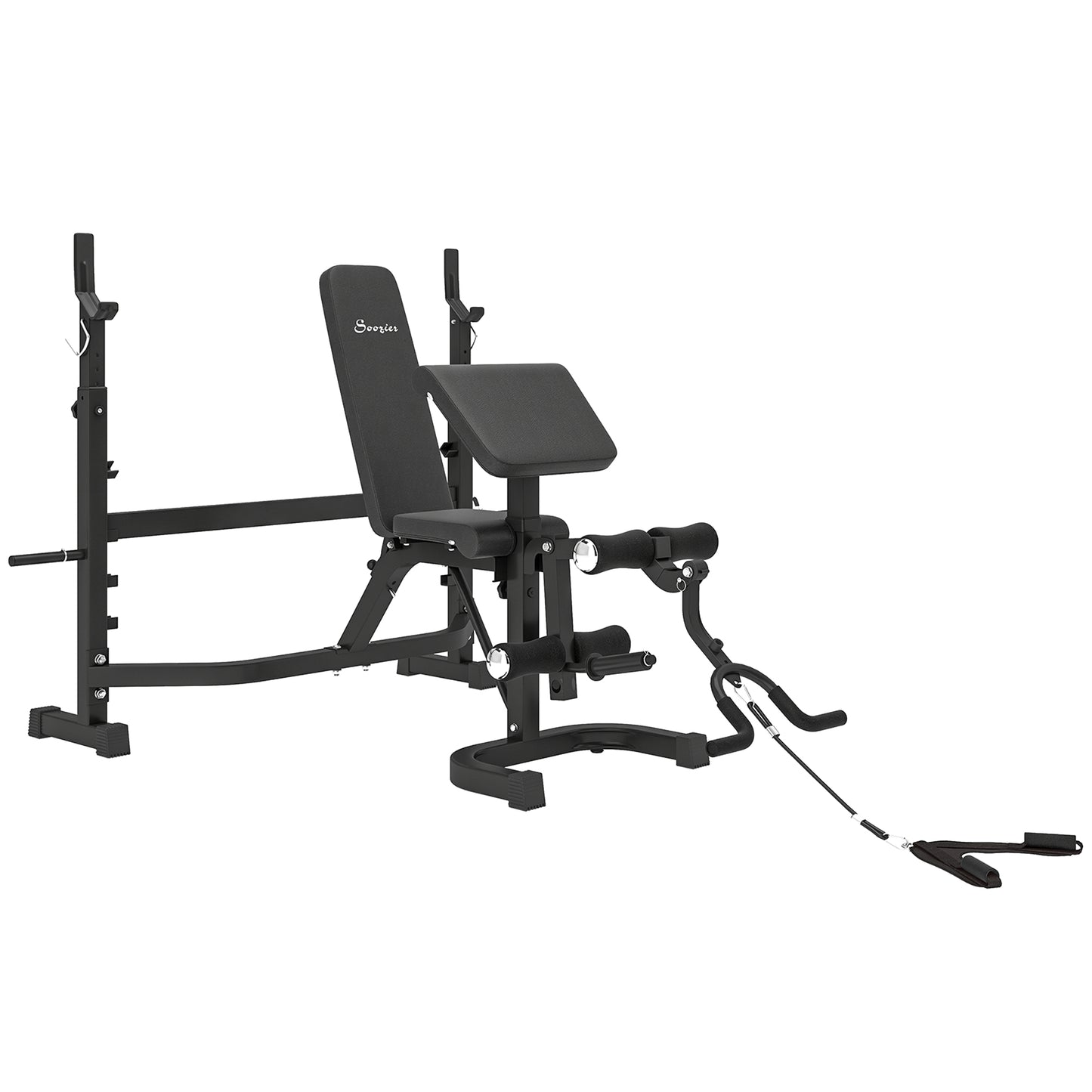 Soozier Weight Bench Stand with Squat Rack, Adjustable Olympic Bench, Multifunctional Arm Curl Pad, Leg Extension, Grey