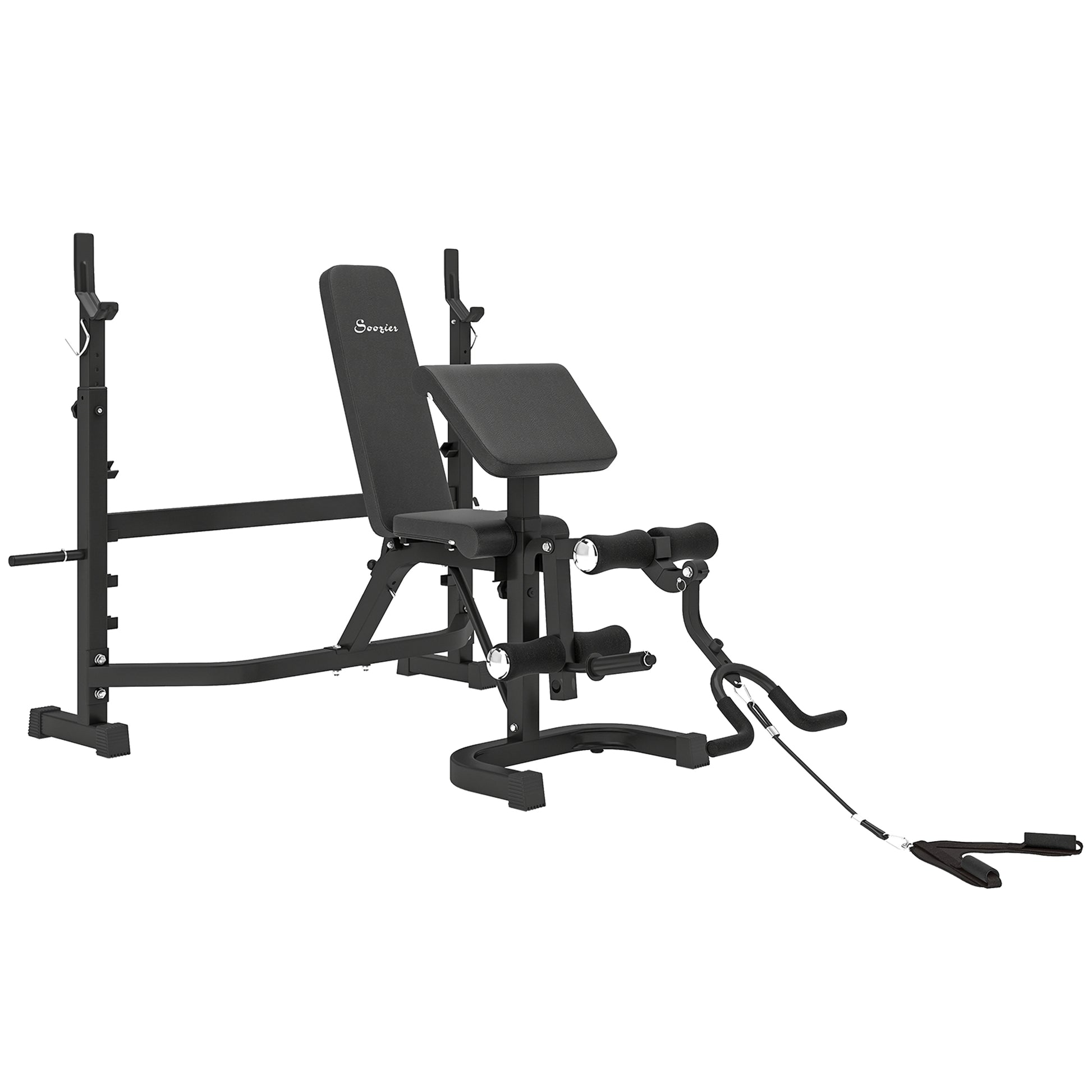 Soozier Weight Bench Stand with Squat Rack, Adjustable Olympic Bench, Multifunctional Arm Curl Pad, Leg Extension, Grey