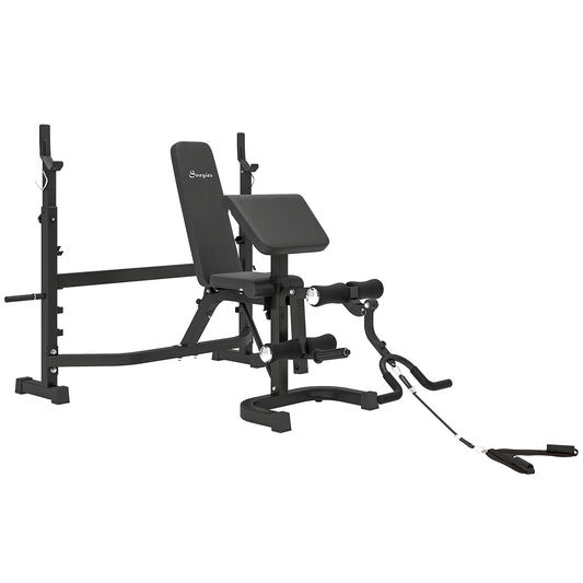 Soozier Weight Bench Stand with Squat Rack, Adjustable Olympic Bench, Multifunctional Arm Curl Pad, Leg Extension, Grey