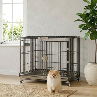 Dog Crate, 24 Inch Metal Dog Cage with Removable Tray, Lockable Wheels, 2 Doors for Small Breeds, Black