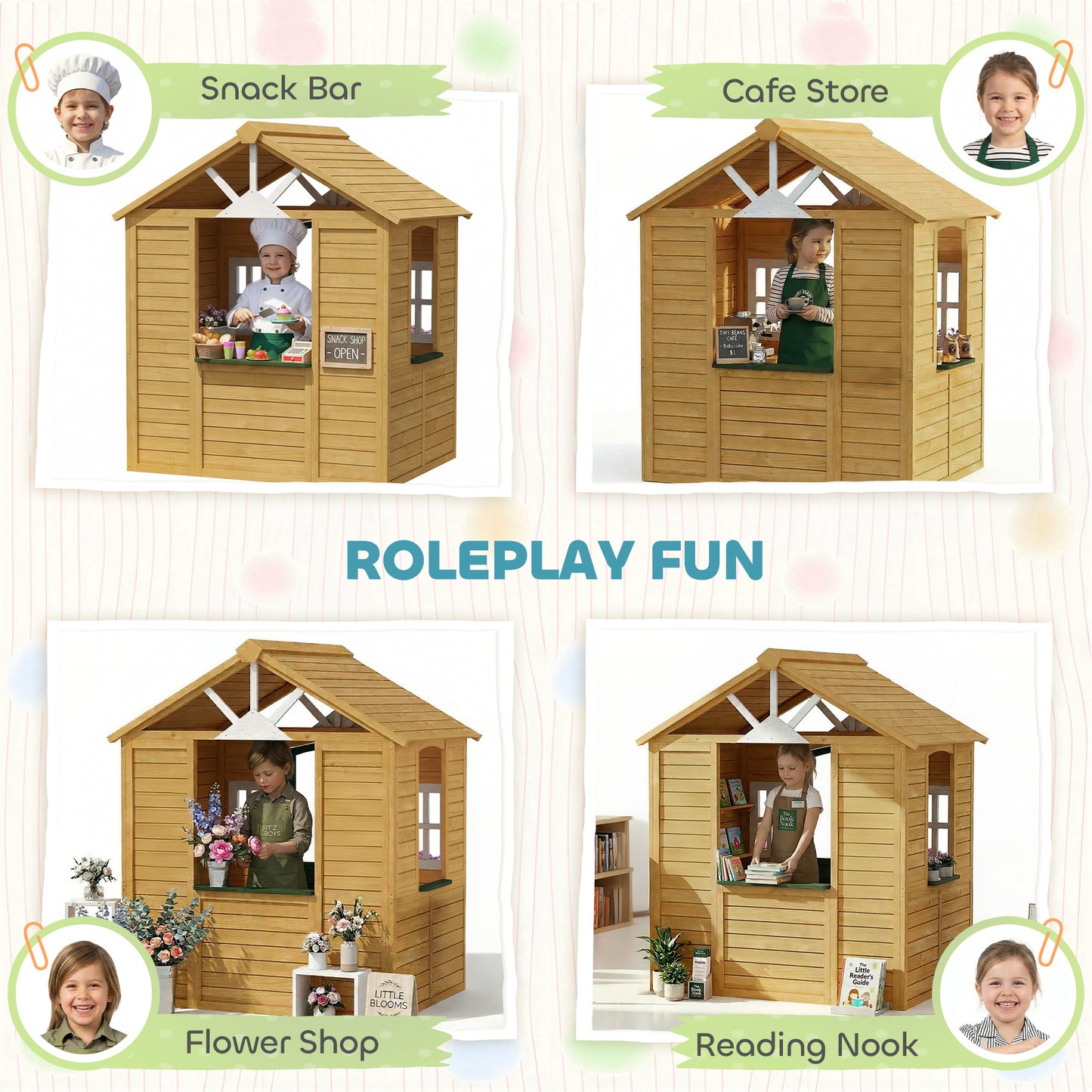 Qaba Outdoor Playhouse, Wooden Kids Playhouse with Door, 3 Windows, 2 Flower Boxes for Garden, Indoor Playroom, Ages 3–8