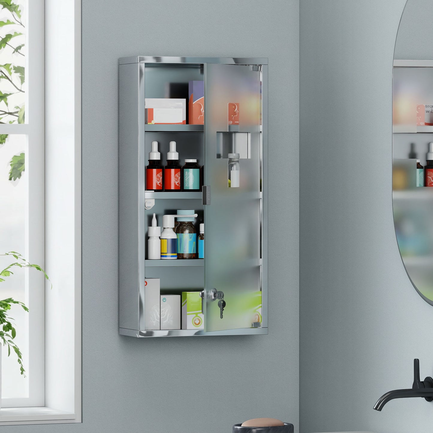 Wall Mount Medicine Cabinet, Bathroom Cabinet with 3 Tier Shelves, Stainless Steel Frame and Glass Door, Lockable with 2