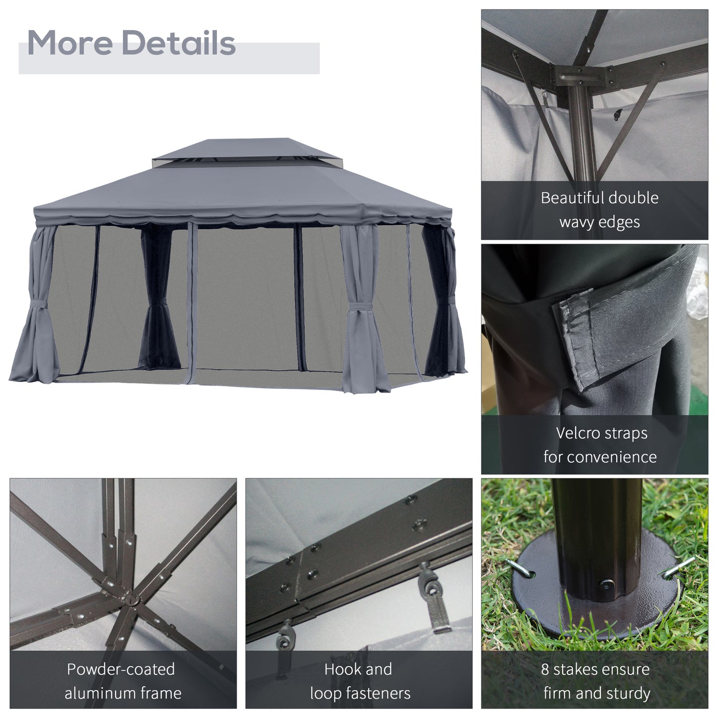 13' x 10' Patio Gazebo, Double Roof Outdoor Gazebo Canopy Shelter with Netting & Curtains, Strong Aluminum Frame, Dark G