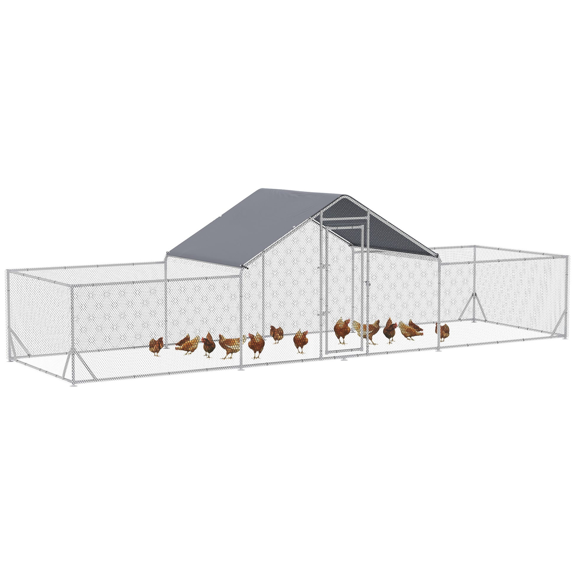 Chicken Run, 23' x 6.6' Metal Chicken Coop with Waterproof and Anti-UV Cover, Spire Roof, Door, for 12-14 Chickens, Duck