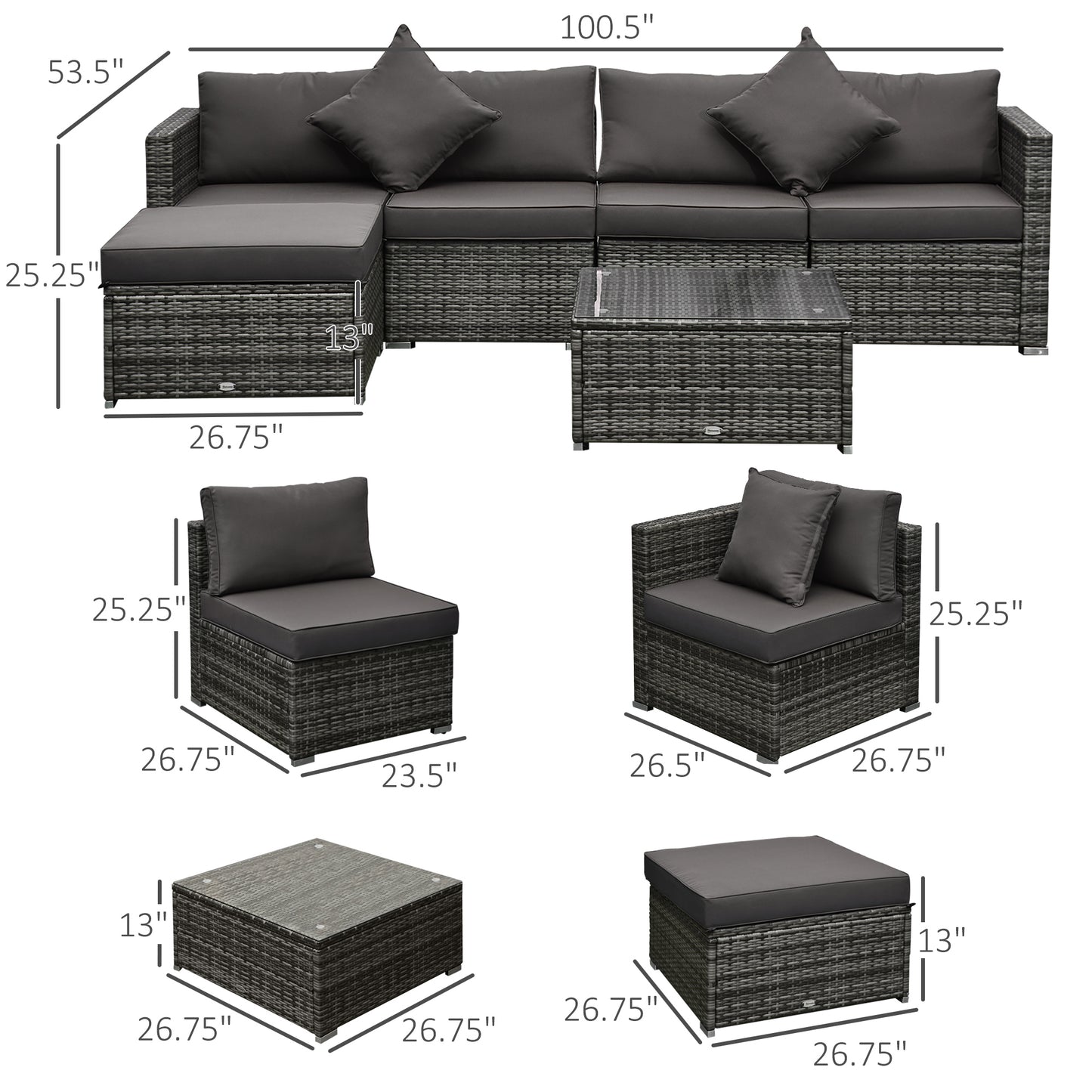 6 Pieces Outdoor PE Rattan Wicker Patio Furniture Sofa Set with Thick Cushions, Deluxe Garden Sectional Couch with Glass