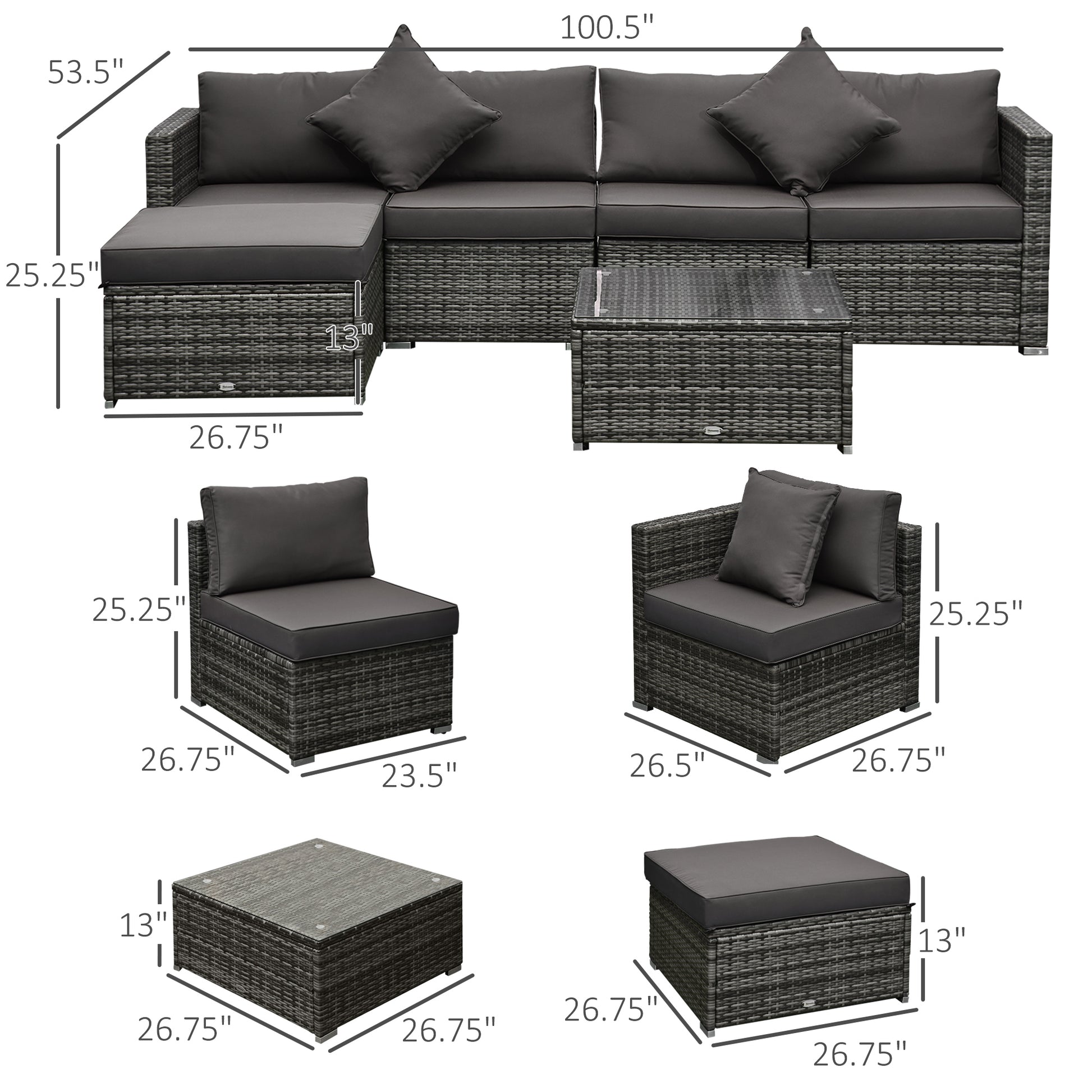 6 Pieces Outdoor PE Rattan Wicker Patio Furniture Sofa Set with Thick Cushions, Deluxe Garden Sectional Couch with Glass