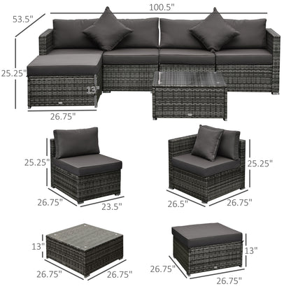 6 Pieces Outdoor PE Rattan Wicker Patio Furniture Sofa Set with Thick Cushions, Deluxe Garden Sectional Couch with Glass