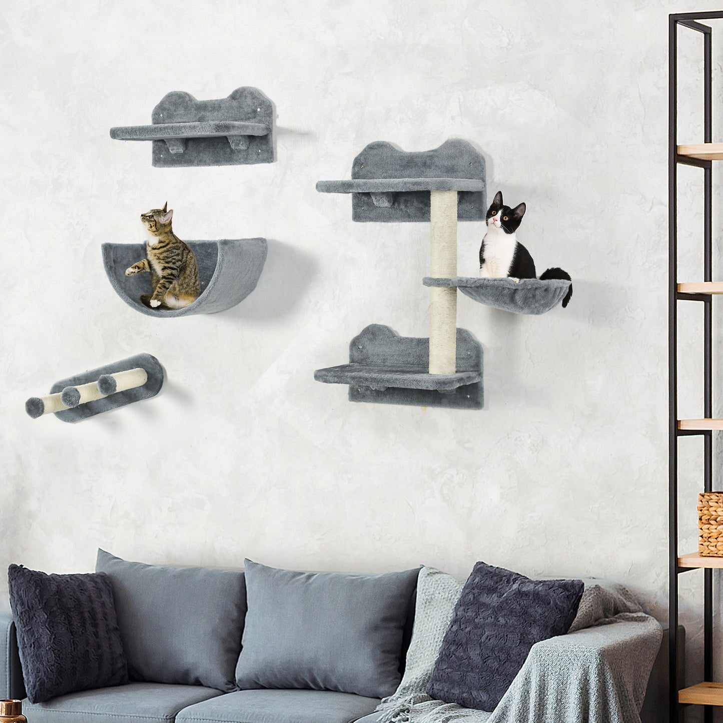 Cat Wall Shelves, 3PCs Cat Shelves with Hammock, Scratching Post, 3 Steps, Jumping Platforms, Wall Mounted Cat Climber, 