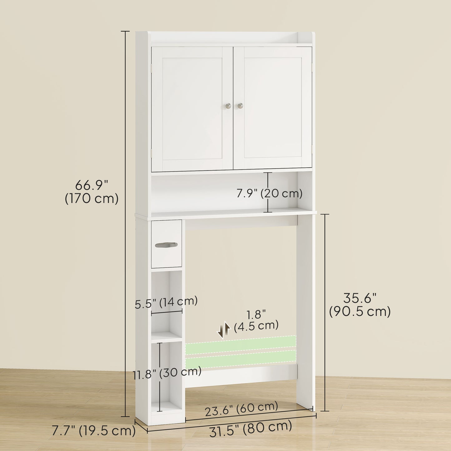 Modern Over the Toilet Storage Cabinet with 2 Doors, Above Commode Storage Cabinet with Toilet Paper Holder, White