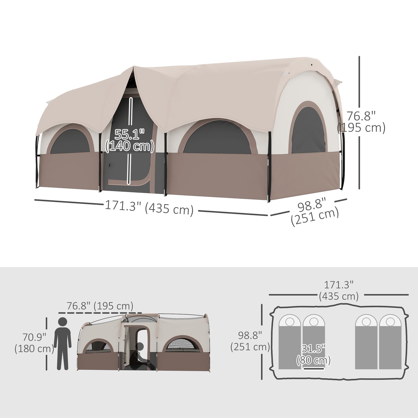 4 Person Camping Tent, 3 Room Cabin Tent, 3000mm Waterproof and UPF30+ with Sewn in Groundsheet and Carry Bag, Khaki