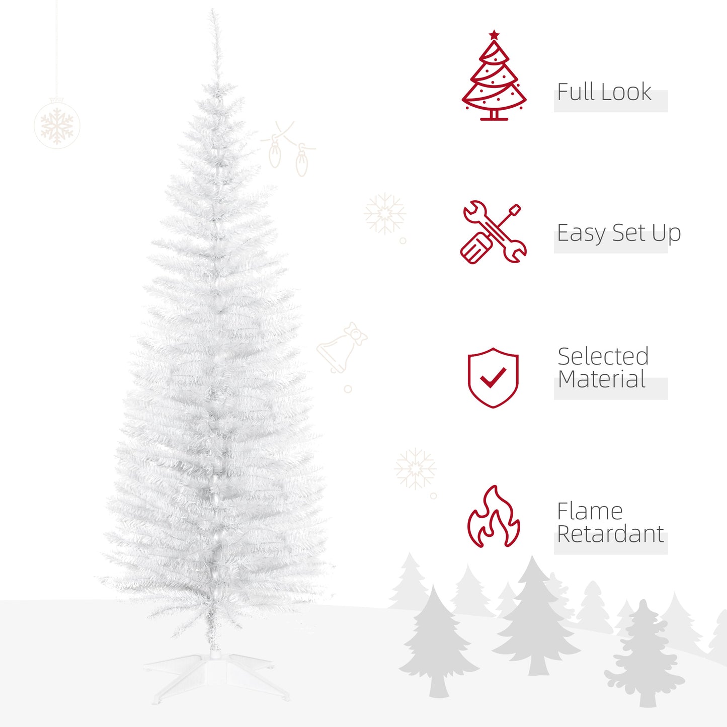 5FT Artificial Christmas Tree, Pencil Christmas Tree with Realistic Branches, Stable Stand, White